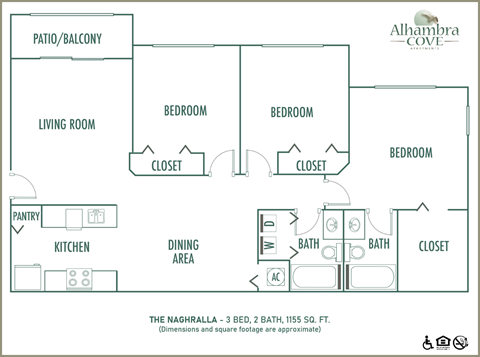 Floor plan for 3 beds, 2 baths, 1155 sqft